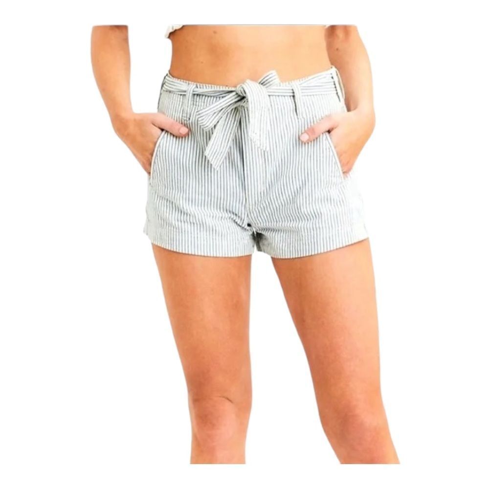 American Eagle Outfitters Women’s High Rise White Blue Stripe Belted Shorts | 2